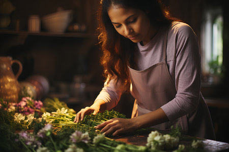 Beautiful young asian woman cooking in her kitchen. Housewife slicing fresh herbs.の素材