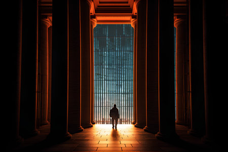 Silhouette of a man in front of the entrance to an old prisonの素材