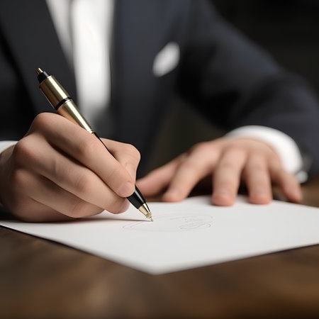 Close up of a businesswoman's hand signing a business contract.の素材
