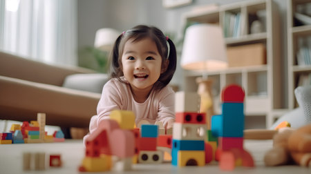 cute little asian girl playing with colorful wooden blocks at homeの素材
