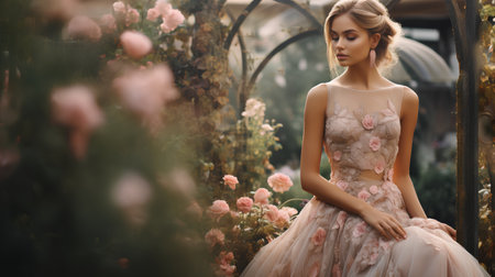 fashion studio photo of beautiful sensual woman with blond hair in elegant dress posing among flowersの素材