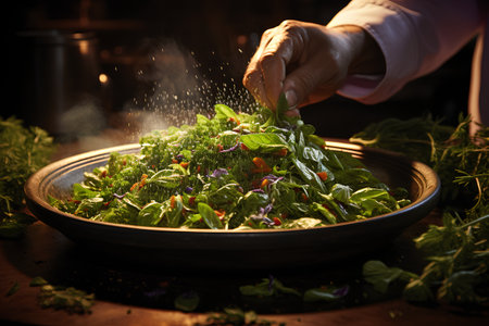 Cooking salad with arugula, spinach, feta cheese and olive oilの素材