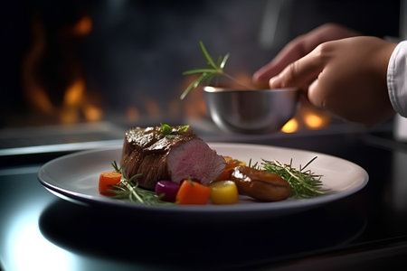 steak with vegetables on a white plate on a background of fireの素材
