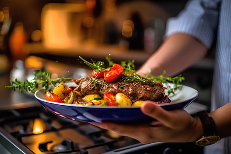Grilled steak with vegetables on a plate in the hands of the chefの素材