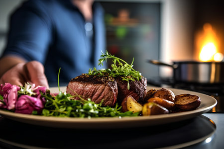 Grilled beef steak with potatoes and arugula on a plateの素材