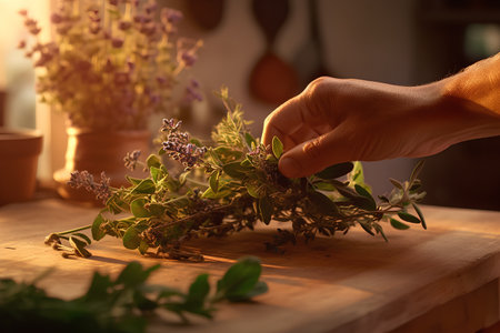 Hand of a young caucasian female florist making a bouquet of fresh herbs.の素材