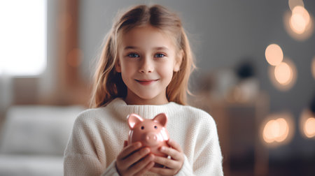 Cute little girl is holding a piggy bank and smiling while standing indoorsの素材