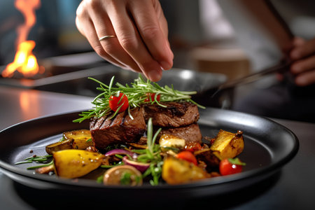 Beef steak with potatoes and rosemary on a black plate in a restaurantの素材