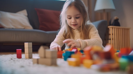 Cute little girl playing with building blocks at home in the living roomの素材
