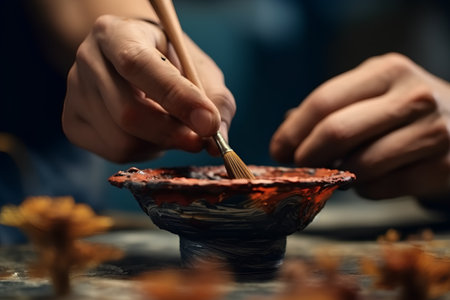 Painter paints a ceramic bowl with oil paint, close-upの素材
