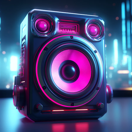 Music speaker on a dark background. 3D illustration. Neon lights.の素材