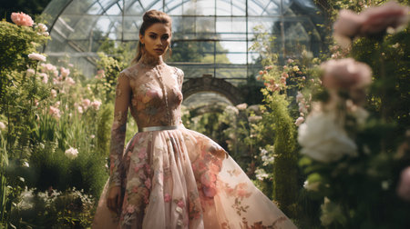 Beautiful young woman in a long dress in a greenhouse with flowersの素材