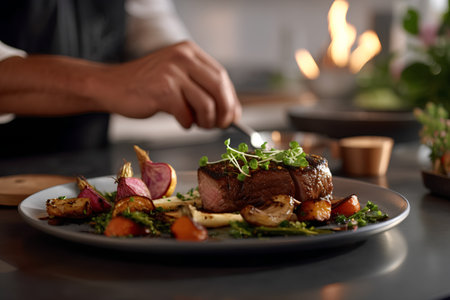 Beef tenderloin with vegetables on a plate in a restaurantの素材