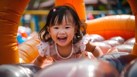 Asian baby girl playing in the playground. Happy child having fun at the park.の素材