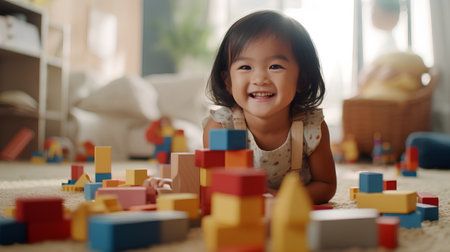 Cute asian little girl playing with colorful building blocks at homeの素材