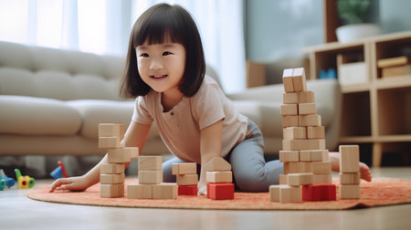 happy asian little child girl playing with wooden building blocks at homeの素材