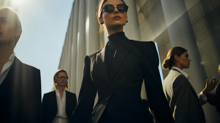 Beautiful business woman in black suit and sunglasses on city background.の素材