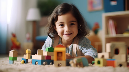 Cute little girl playing with colorful wooden blocks in the living roomの素材