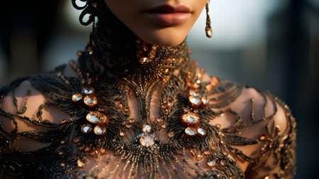 Close-up portrait of a beautiful young woman with jewelry on her neck.の素材