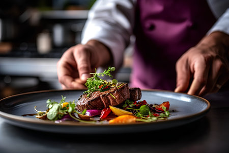 Close-up of chef's hand garnishing steak with vegetables.の素材