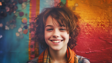 Portrait of a beautiful smiling little girl with curly hair and colorful backgroundの素材