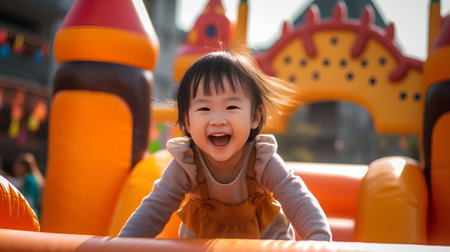 Little asian girl playing in inflatable castle in amusement park.の素材