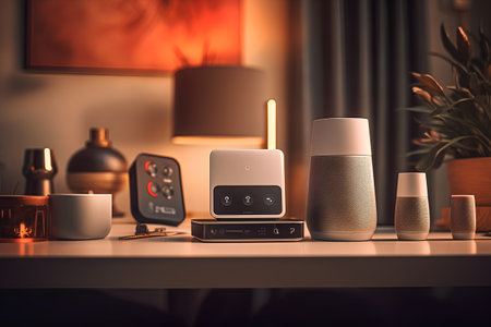 Modern speaker system and coffee cup on table in living room. 3d renderingの素材