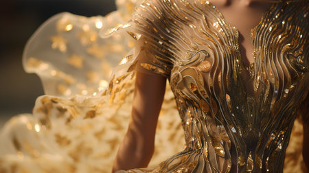 Fashion photo of a woman in a gold dress with sequinsの素材