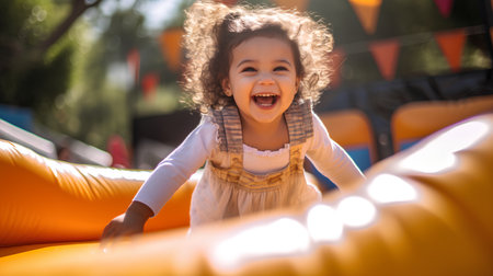 Happy little girl having fun on a trampoline in the parkの素材