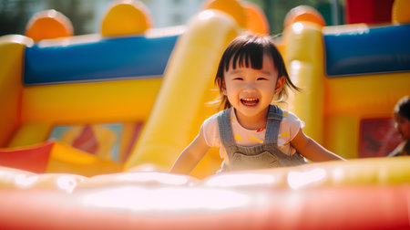 Happy asian little child girl having fun on playground in summer.の素材