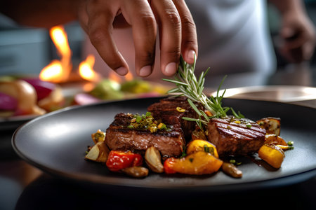 Grilled beef steak with rosemary and vegetables on a black plateの素材