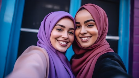 Portrait of two muslim women taking a selfie with mobile phoneの素材