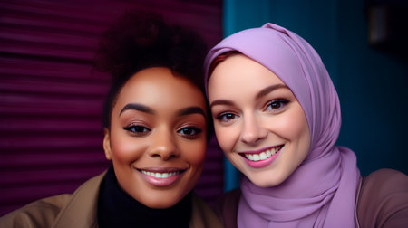Portrait of two beautiful african american women in hijab smiling at cameraの素材