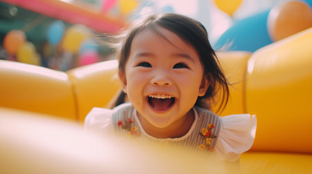 Happy asian little girl having fun at the playground in summer.の素材