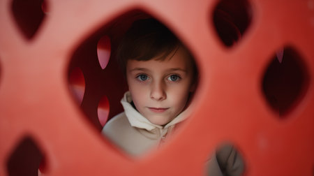 Portrait of a little boy in a red heart-shaped holeの素材