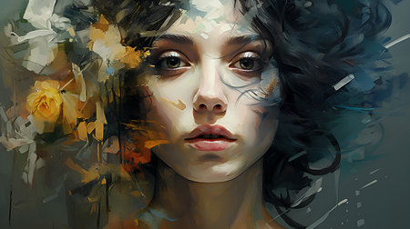 Portrait of a girl with painted face. Grunge background.の素材
