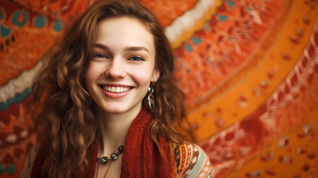 Portrait of a beautiful young woman with long curly hair and red scarfの素材