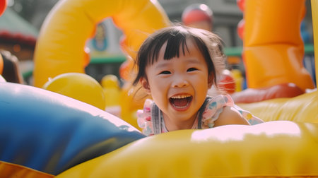 Asian Chinese little girl playing in inflatable pool at outdoor playground.の素材