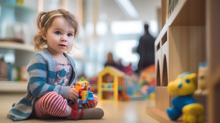 Cute little girl playing with toys in the room at home.の素材
