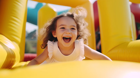 Cute little girl having fun on a slide at the playground.の素材