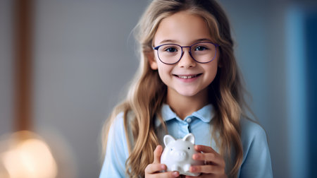 Portrait of a cute little girl holding piggy bank at homeの素材