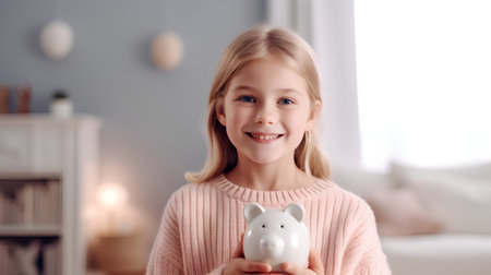 Cute little girl holding piggy bank and smiling at camera at homeの素材