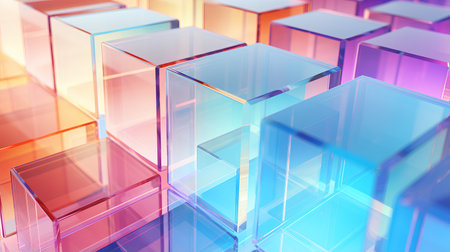 3d render, abstract background with glass cubes. Blue, pink and yellow colors.の素材