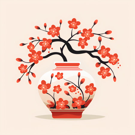 Cherry blossom tree in vase. Vector illustration in flat styleの素材