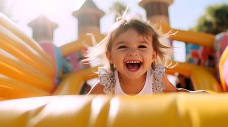 Cute little girl having fun on the playground at sunny summer dayの素材