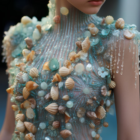 Close up of beautiful female body part in blue dress and necklace with seashellsの素材