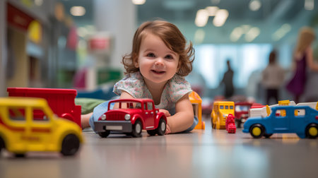 Cute little girl playing with colorful toy cars in a shopping mallの素材