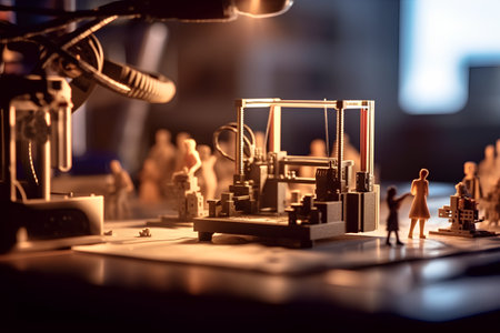 Miniature people : Engineer working on the model of a robot.の素材