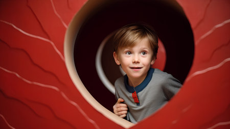 Portrait of a boy looking through a hole in a red wallの素材