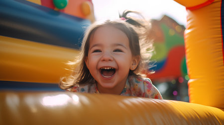 Portrait of a cute little girl having fun on an inflatable slideの素材